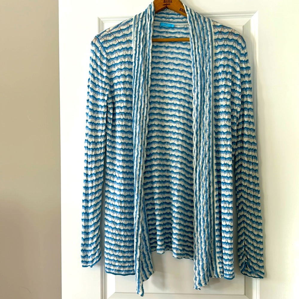 J McLaughlin Chevron Stripe Loose Weave Open-Front Cardi LG w MEASUREMENTS